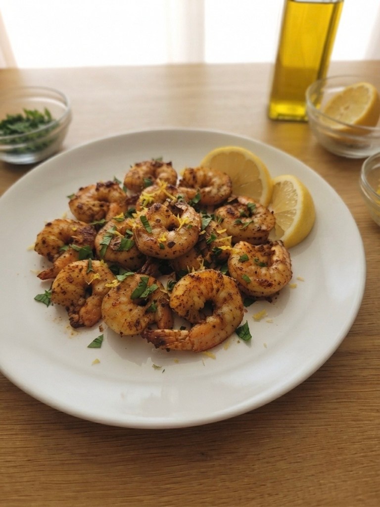 A plate of sautéed shrimp garnished with herbs and lemon slices, served on a wooden table.