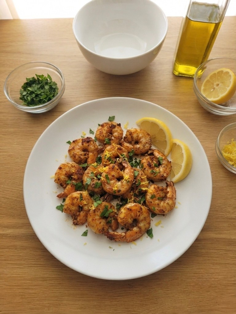 Plate of seasoned and cooked shrimp garnished with fresh herbs and lemon slices, accompanied by a bowl of olive oil and other ingredients in the background.