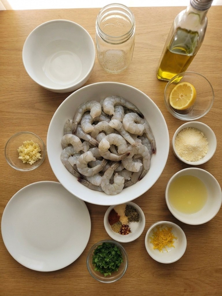 A bowl of raw shrimp surrounded by various ingredients for cooking, including chopped garlic, olive oil, lemon, and bowls of spices, herbs, and breadcrumbs on a wooden countertop.