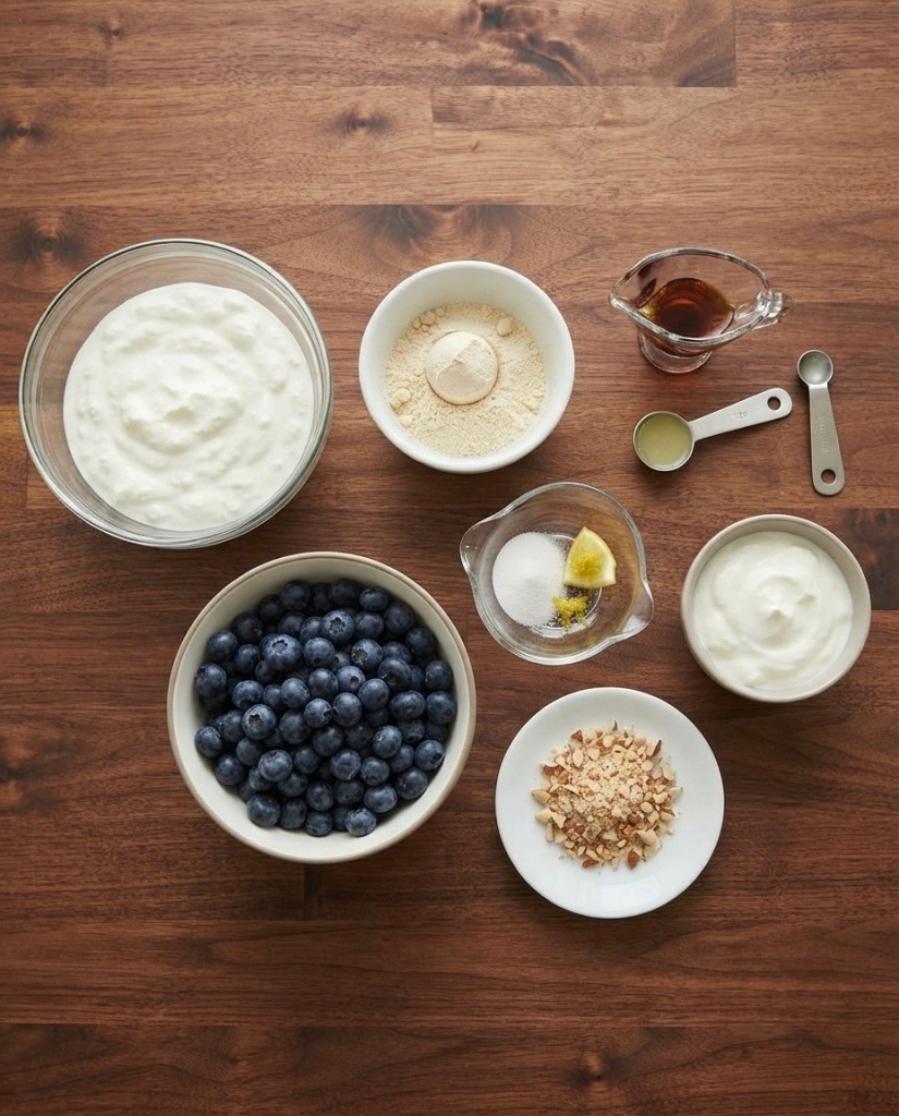 An assortment of ingredients for a recipe, including a bowl of yogurt, a bowl of fresh blueberries, a container of flour, a small jar of maple syrup, a bowl of sugar with lemon zest, and a plate of crushed nuts, all arranged on a wooden table.