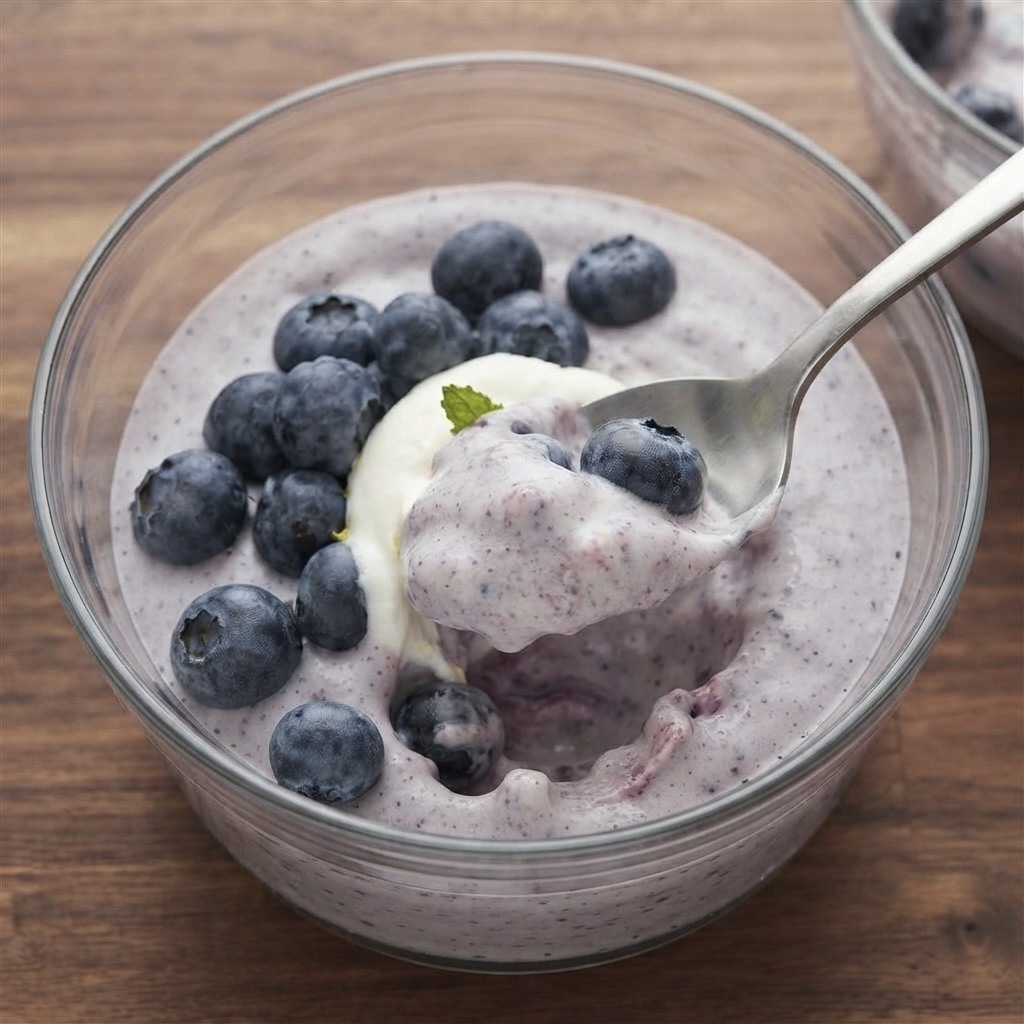 A bowl of creamy yogurt or dessert topped with fresh blueberries and a dollop of cream, with a spoon stirring through the mixture.