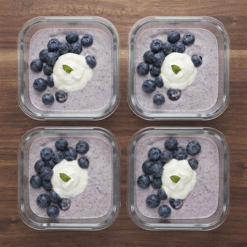 Four glass containers filled with creamy blueberry yogurt topped with fresh blueberries, a dollop of whipped cream, and a small mint leaf, placed on a wooden surface.