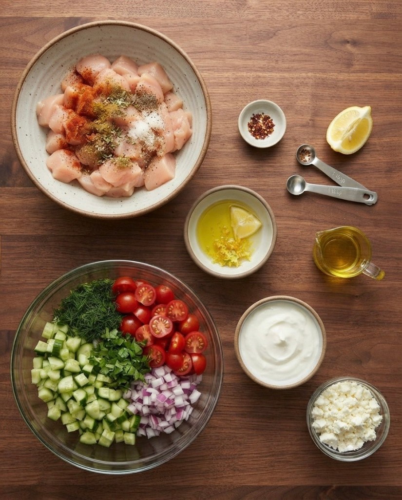 A bowl of marinated chicken pieces topped with spices, including paprika and herbs, surrounded by ingredients like cherry tomatoes, cucumber, onion, herbs, olive oil, lemon, and yogurt, arranged on a wooden countertop.
