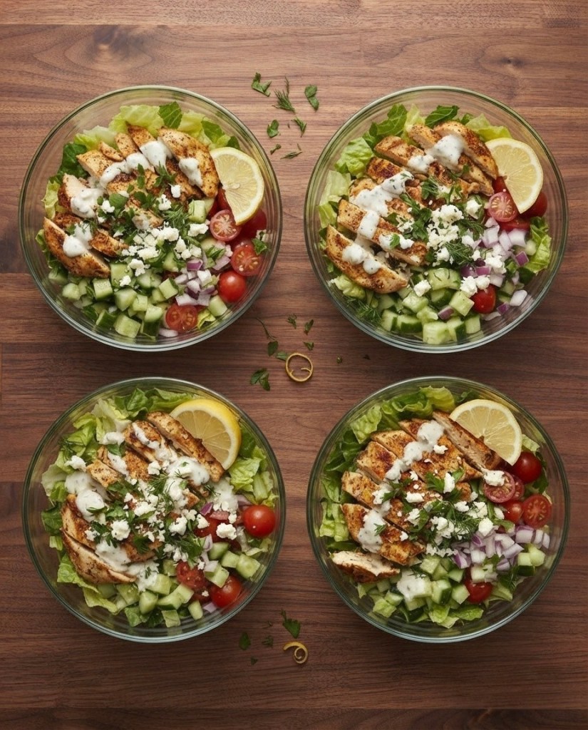 Four bowls of grilled chicken salad with lettuce, tomatoes, cucumbers, red onion, and a lemon wedge, topped with dressing and herbs, displayed on a wooden surface.