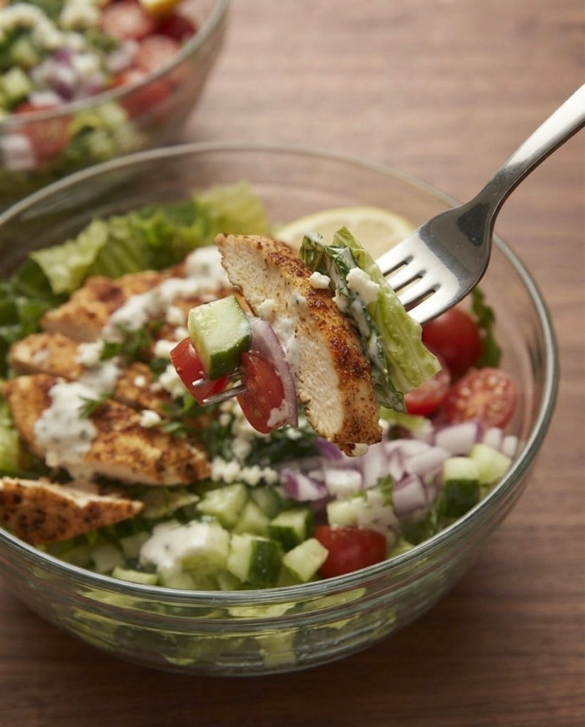 A fork holding a bite-sized piece of grilled chicken, cucumber, tomato, and lettuce over a bowl of salad. The background features another bowl of salad with similar ingredients, set on a wooden table.