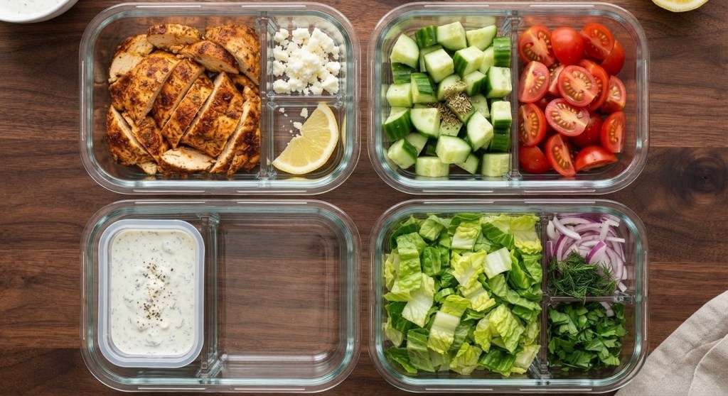 Meal prep container with grilled chicken, feta cheese, cucumber, cherry tomatoes, lemon, mixed greens, red onion, dill, and cilantro.