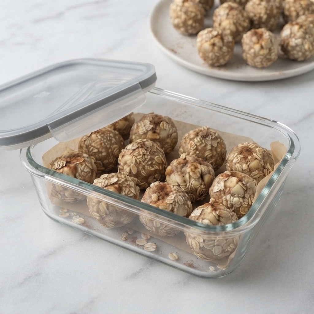 A glass container holding homemade energy balls made with oats, displayed on a marble surface.