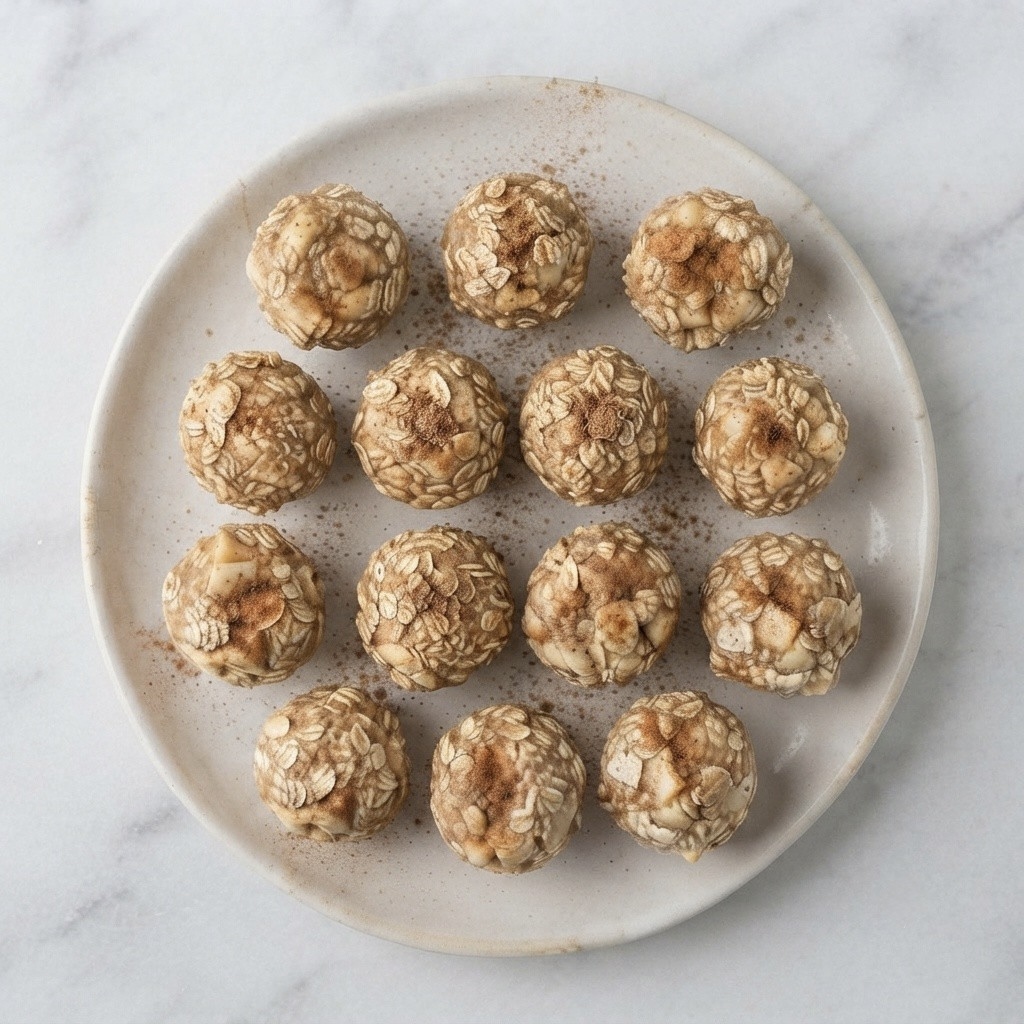A plate of twelve homemade energy balls coated in oats and sprinkled with cinnamon, arranged neatly on a light-colored ceramic plate.