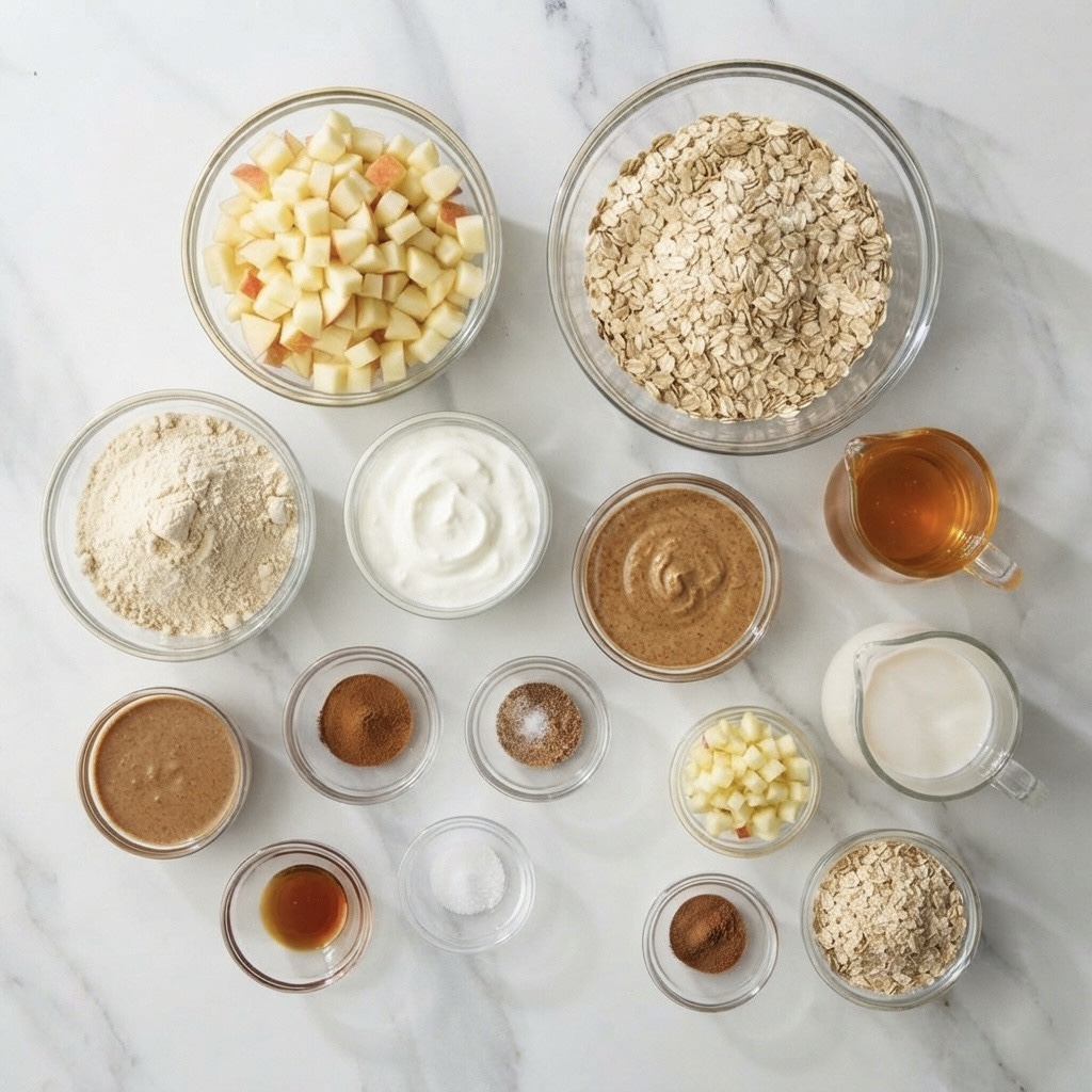A flat lay of various ingredients in glass bowls, including diced apples, oats, flour, yogurt, nut butter, maple syrup, milk, and spices on a marble surface.