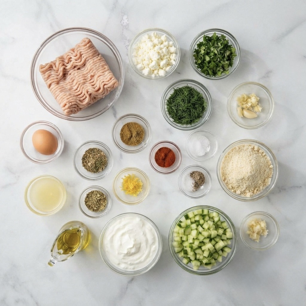 A variety of ingredients arranged on a marble countertop, including ground meat, an egg, herbs, spices, chopped cucumber, yogurt, and cheese, all in clear glass bowls.