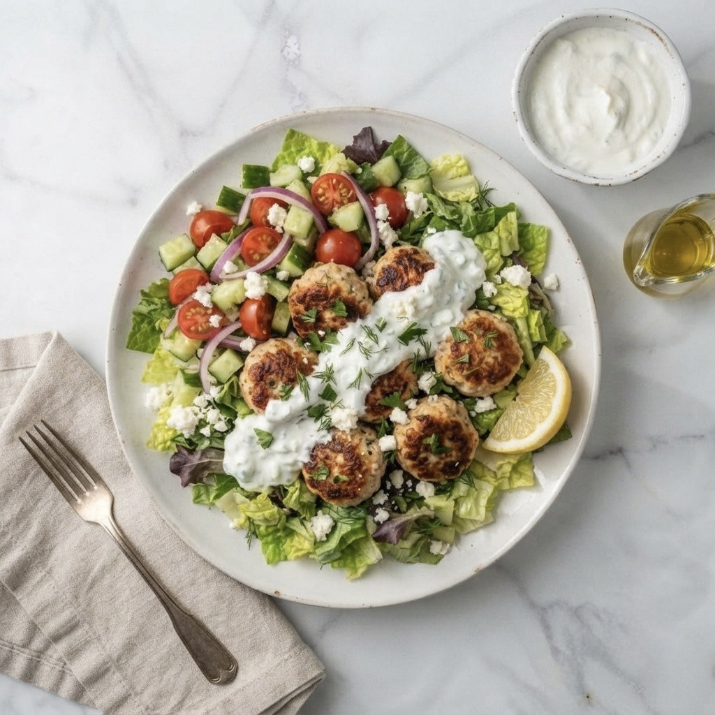 A vibrant salad with mixed greens, cherry tomatoes, cucumber, and red onion topped with seasoned chicken patties and a dollop of yogurt sauce, garnished with fresh herbs and a lemon wedge, served on a round plate with a drizzle of olive oil.