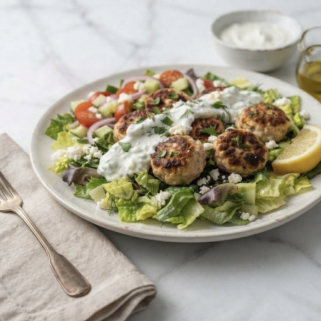 A plate of salad topped with grilled meatballs, yogurt sauce, fresh herbs, and lemon wedges, served on a marble surface.
