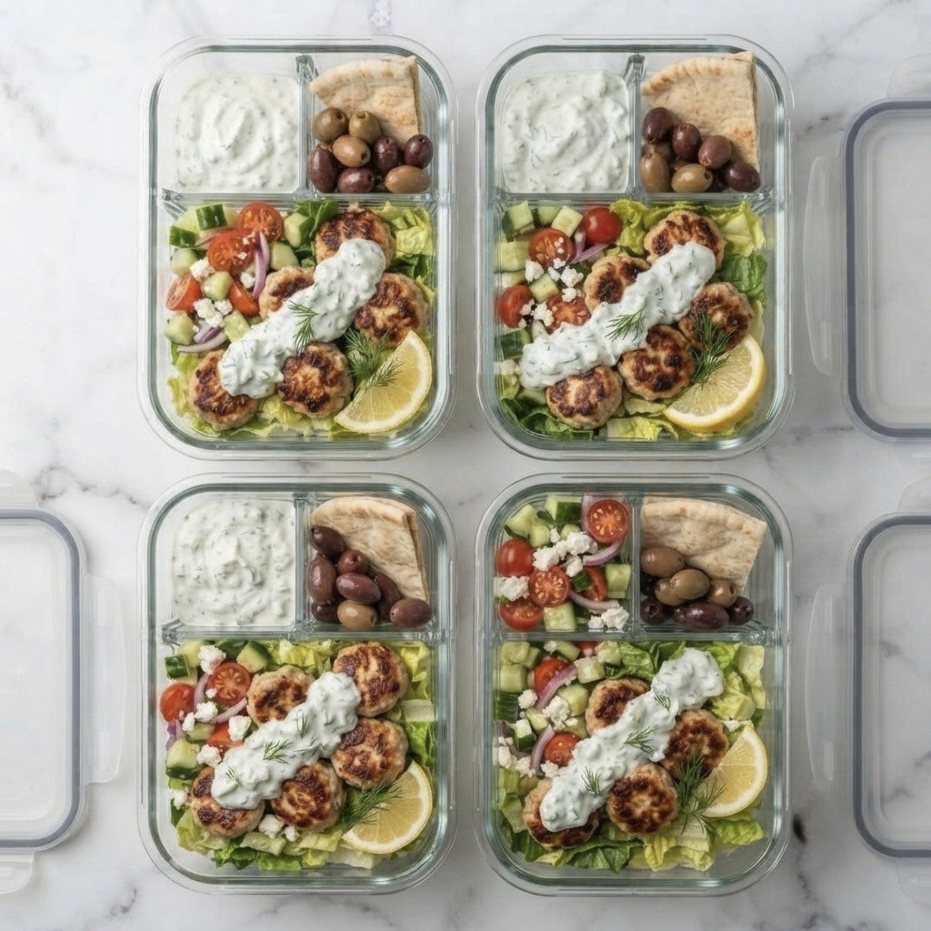 Four meal prep containers filled with salad, grilled meat patties, lemon slices, and pita bread, accompanied by tzatziki sauce and olives.