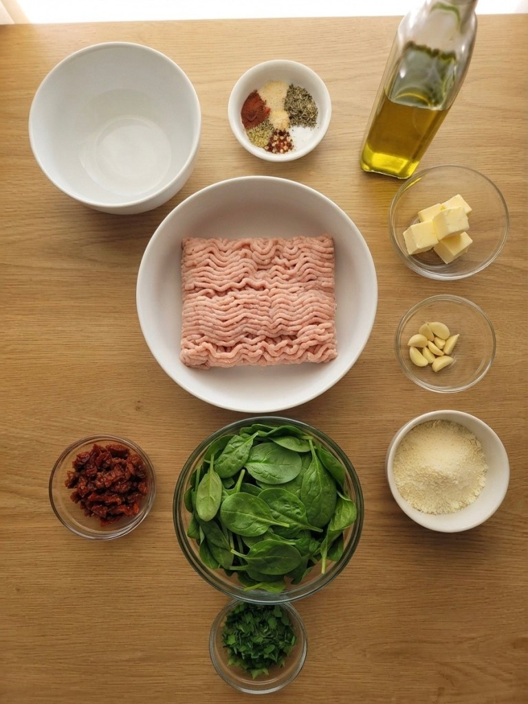 Ingredients for a recipe displayed on a wooden surface, including ground meat, spinach, sun-dried tomatoes, garlic, butter, spices in small bowls, grated cheese, olive oil, and a bowl of water.