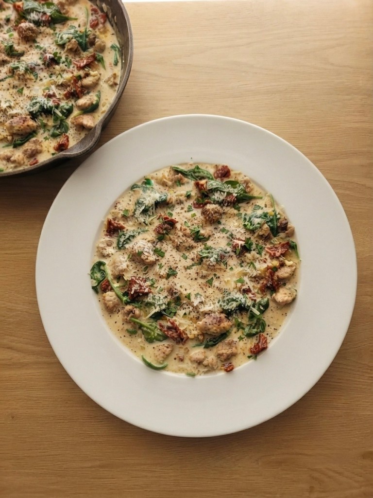 A creamy dish served on a white plate, featuring chicken pieces, spinach, and sun-dried tomatoes, sprinkled with herbs and cheese, placed on a wooden table.