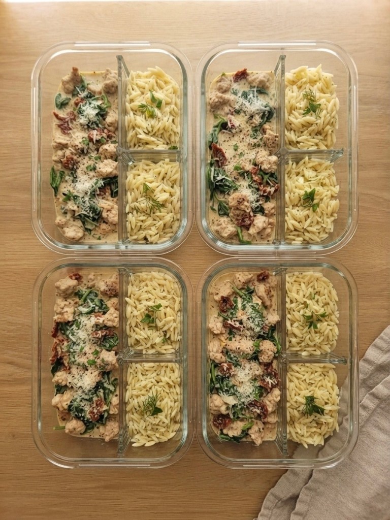 Four meal prep containers with creamy chicken, spinach, and sun-dried tomatoes, served with orzo pasta, arranged on a wooden surface.