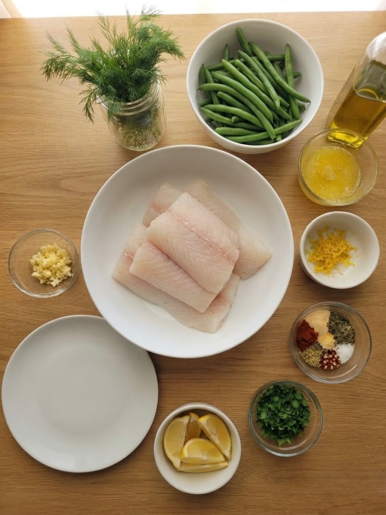 An overhead view of a wooden table with various ingredients arranged for a cooking preparation. In the center is a white plate holding several fish fillets. Surrounding it are small bowls containing minced ginger, chopped herbs, spices, lemon wedges, and olive oil, along with a bowl of green beans and a jar of fresh dill.