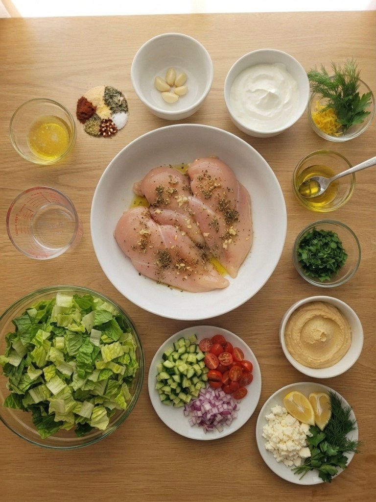 A wooden table displaying various ingredients for a meal, including raw chicken breasts seasoned with herbs, garlic, and olive oil in a white bowl, alongside dishes of chopped lettuce, cucumbers, cherry tomatoes, red onion, feta cheese, hummus, yogurt, and fresh herbs.