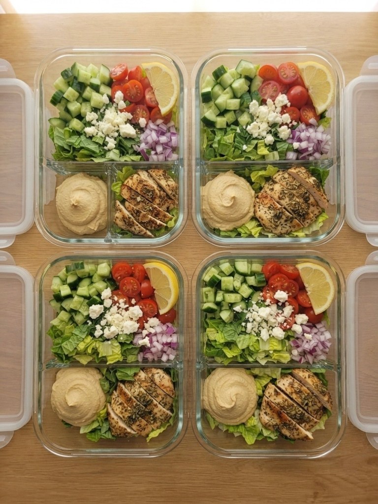 Four meal prep containers with grilled chicken, hummus, lettuce, cherry tomatoes, cucumber, feta cheese, red onion, and lemon slices.