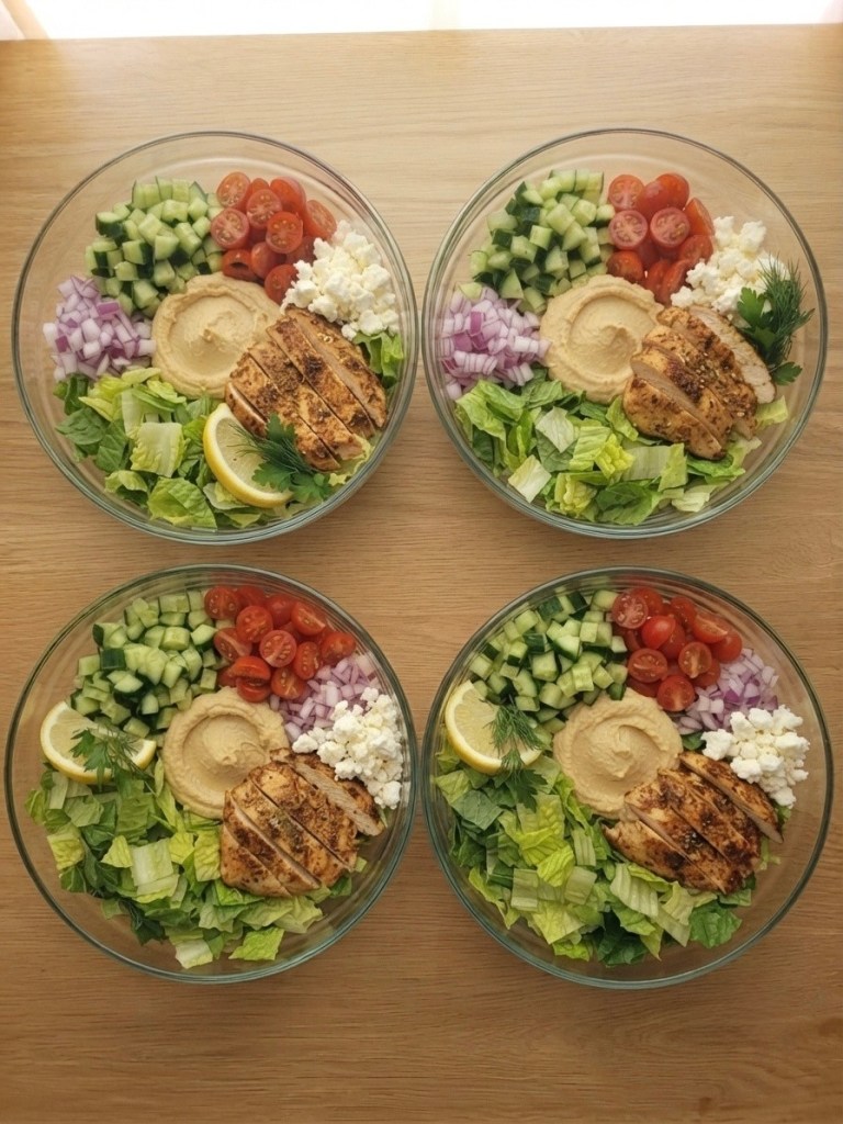 Four glass bowls filled with grilled chicken salad, featuring lettuce, cherry tomatoes, cucumber, red onion, dill, hummus, feta cheese, and lemon slices, arranged on a wooden surface.