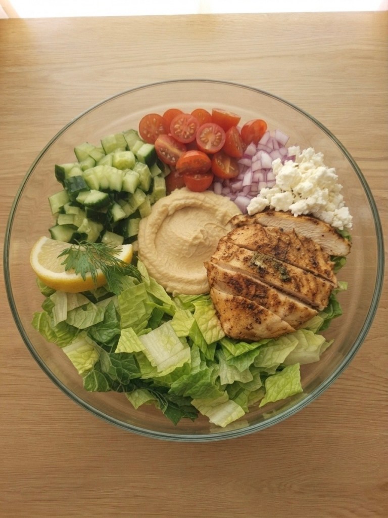 A colorful salad featuring grilled chicken, lettuce, diced cucumbers, cherry tomatoes, red onions, hummus, feta cheese, and a lemon wedge, served in a clear glass bowl.