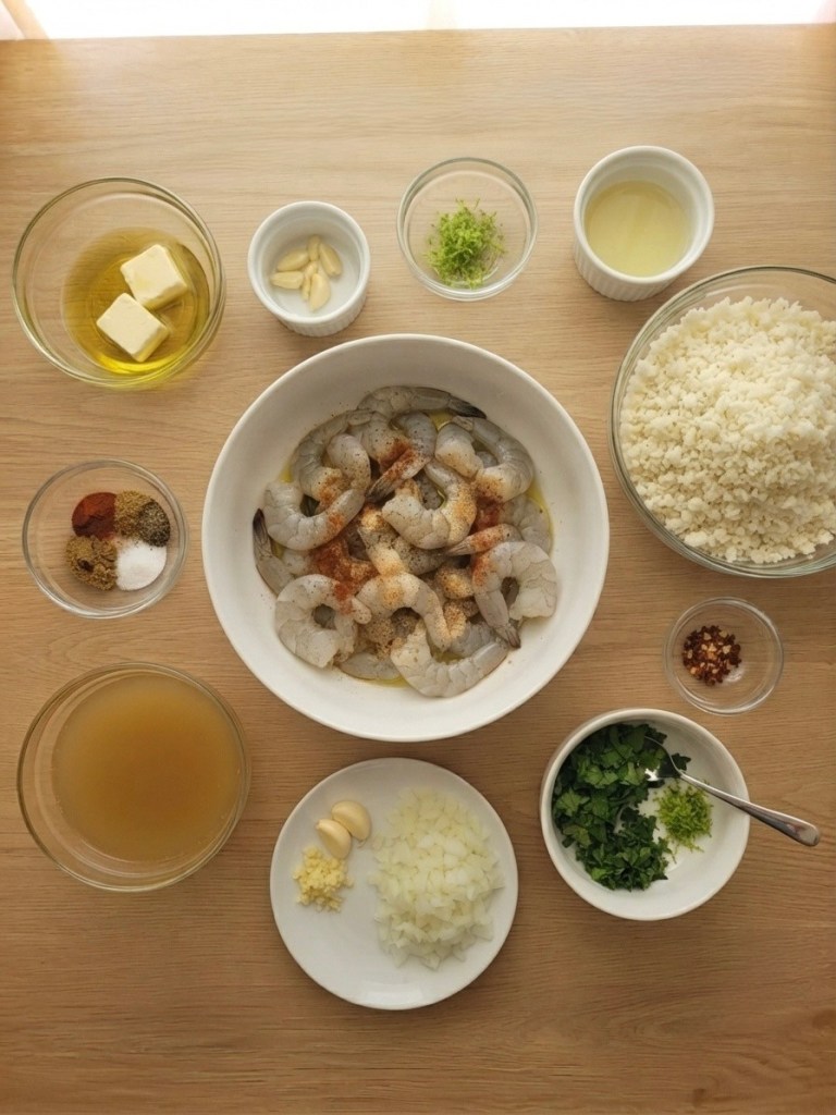 An assortment of ingredients for a shrimp dish, including uncooked shrimp seasoned with spices, garlic, butter, olive oil, lime zest, and chopped onions on a wooden surface.