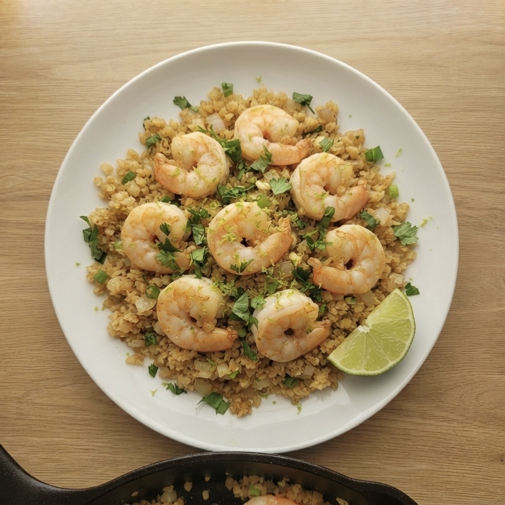 A white plate filled with seasoned bulgur wheat topped with large, cooked shrimp, finely chopped herbs, and a wedge of lime.