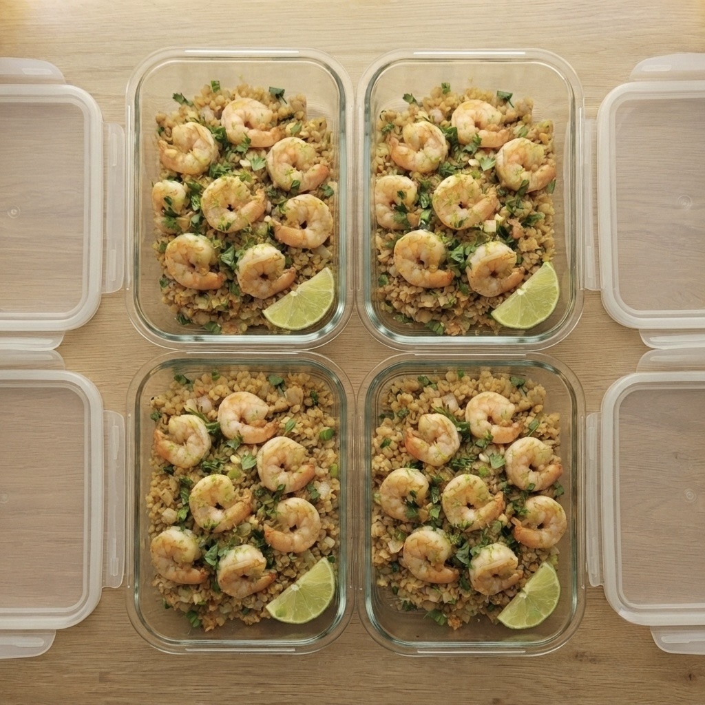 Four glass meal prep containers filled with seasoned shrimp over a bed of grains, garnished with herbs and lime wedges.