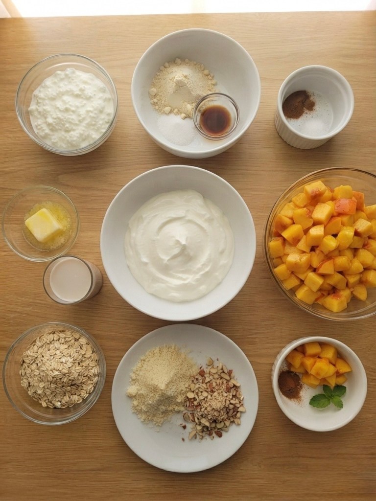Ingredients for a recipe displayed on a wooden surface, including cottage cheese, flour, sugar, vanilla extract, yogurt, diced peaches, oats, ground nuts, and spices.
