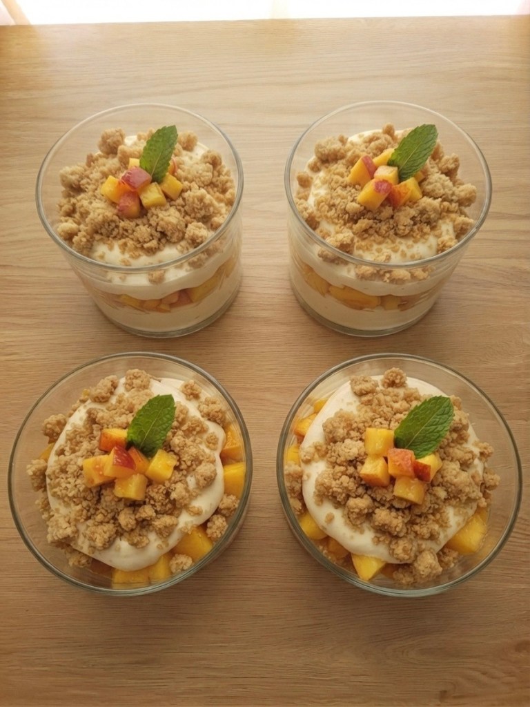 Four glass dessert bowls filled with layers of yogurt, chopped mango, and a crumbly topping, garnished with mint leaves and small pieces of fruit.
