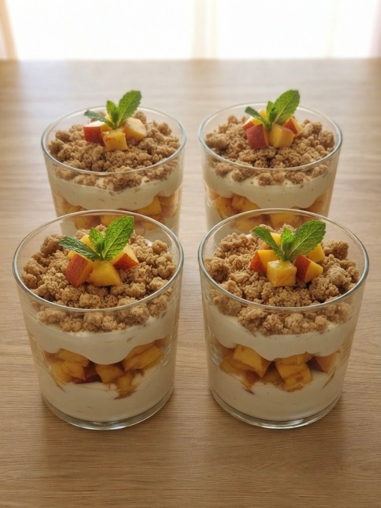 Four dessert cups layered with cream, diced fruits, and crumbled toppings, garnished with mint leaves