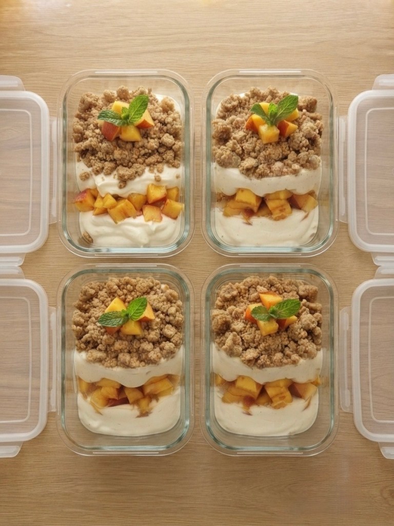 Four glass containers filled with layered dessert, featuring whipped cream, diced peaches, and a crumb topping, garnished with mint leaves.