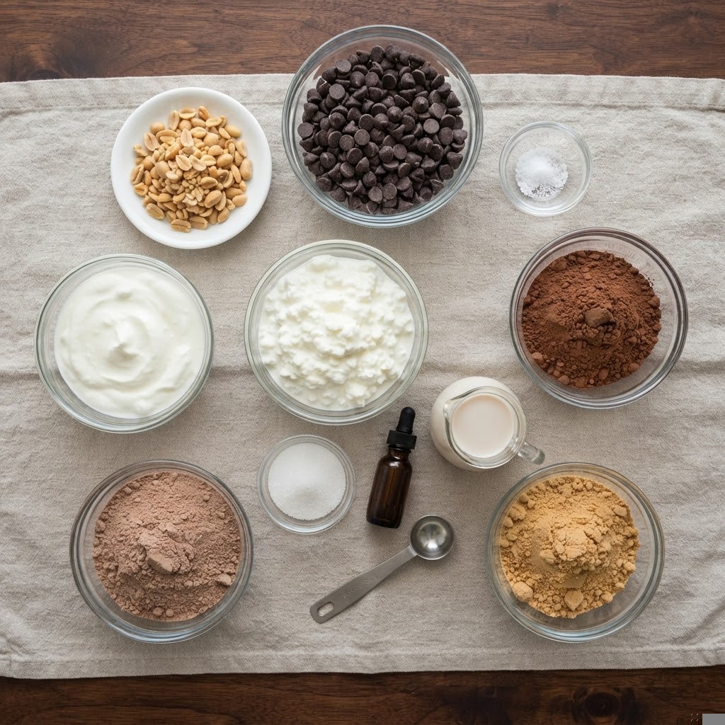 An assortment of baking ingredients arranged on a linen surface, including dark chocolate chips, raw peanuts, various powders (cocoa, protein, and nut), yogurt, cottage cheese, milk, sugar, and an amber dropper bottle.