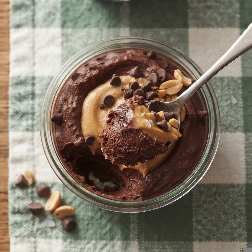 A glass jar filled with a layered dessert featuring chocolate mousse topped with peanut butter and chocolate chips, placed on a green and white checkered cloth.