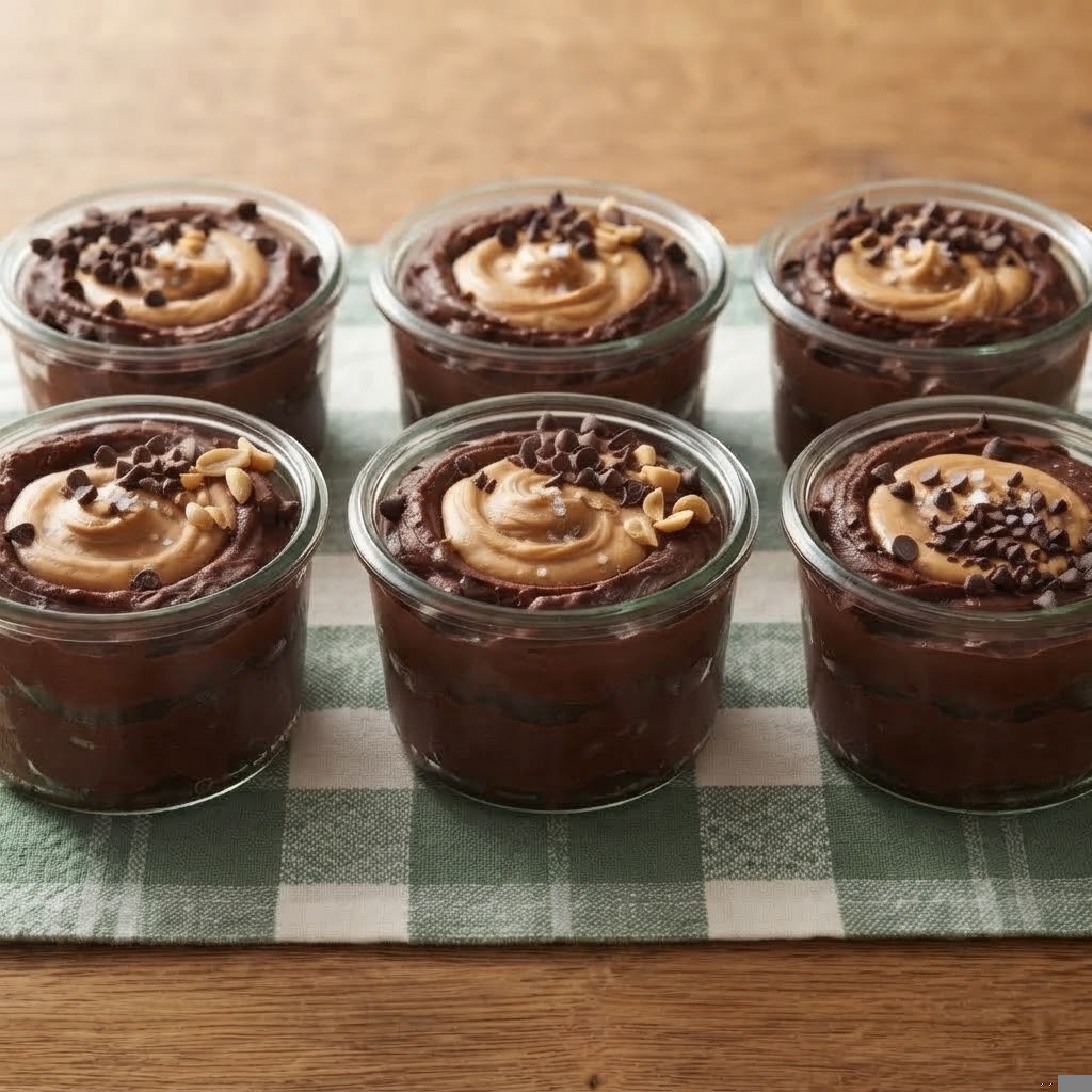 Six glass jars filled with chocolate dessert topped with peanut butter and sprinkled with chocolate chips, placed on a green and white checkered cloth.