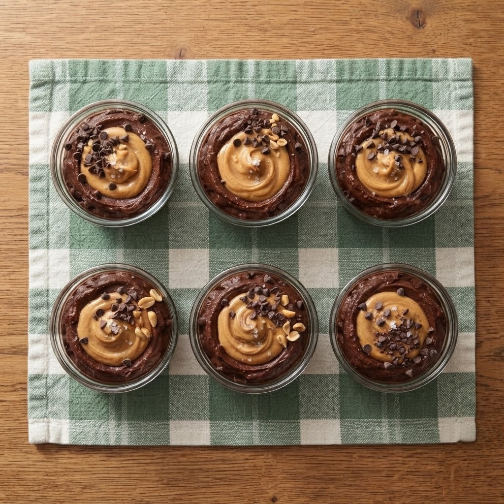 Six individual chocolate desserts with peanut butter toppings and chocolate chip sprinkles, placed on a green and white checkered cloth.