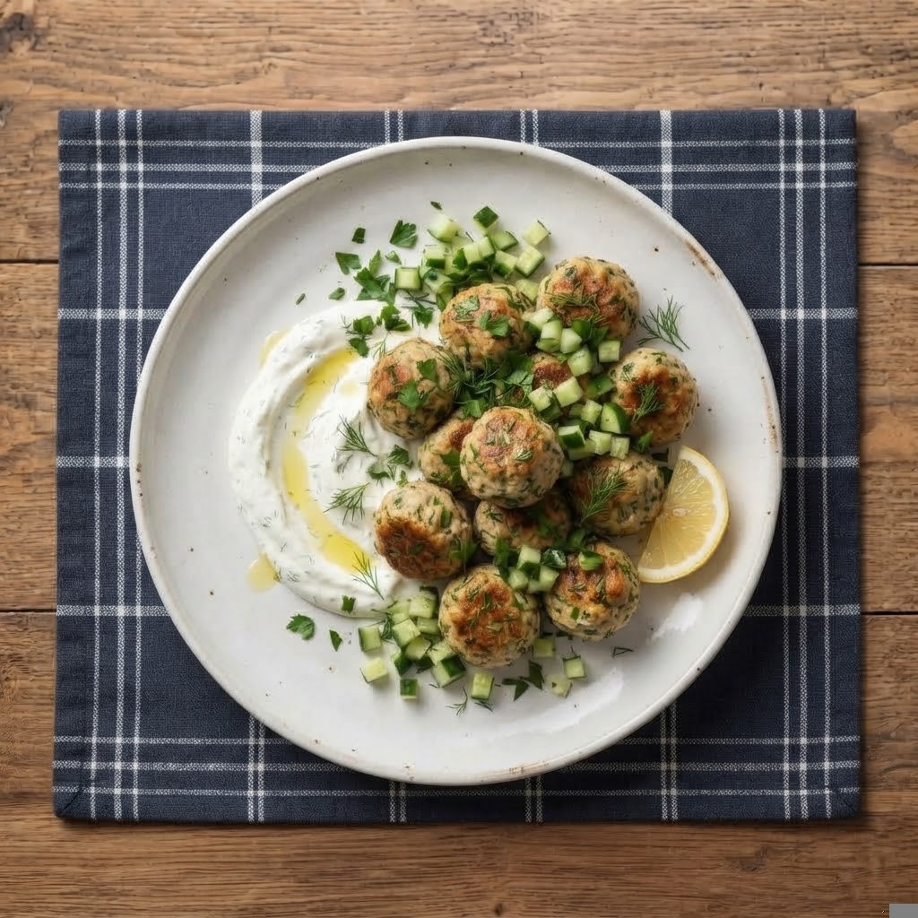 A plate of herb and cucumber-filled meatballs served with yogurt sauce and garnished with fresh dill and diced cucumber on a checkered napkin.