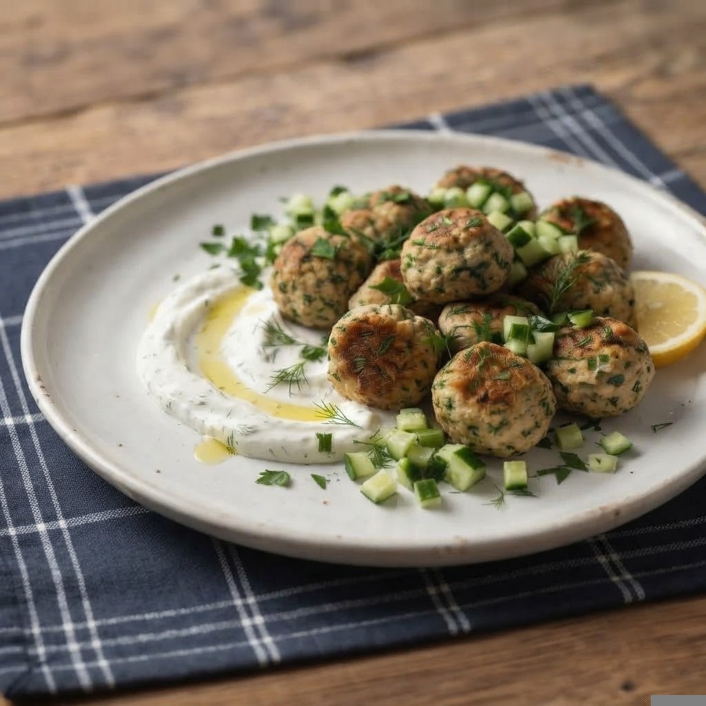 A plate of herb and cucumber meatballs garnished with fresh dill, served with a yogurt sauce and lemon slices, on a blue and white checkered tablecloth.