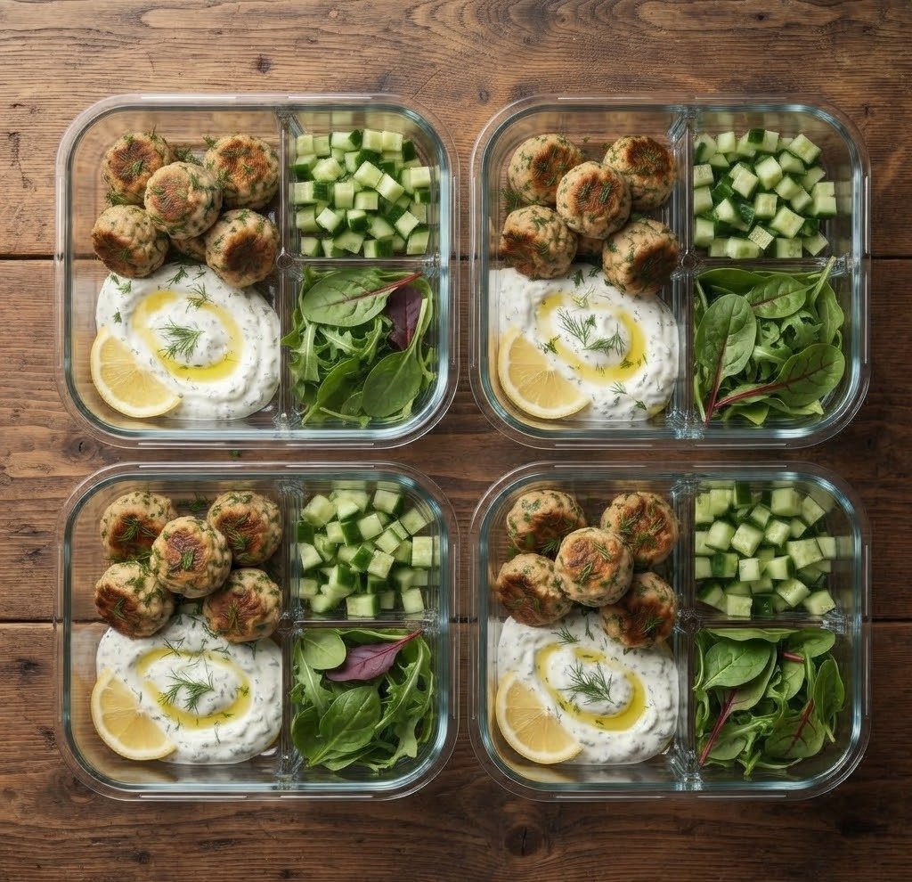 Four meal prep containers filled with healthy portions of falafel, cucumber, lettuce, and yogurt sauce, garnished with lemon and dill.
