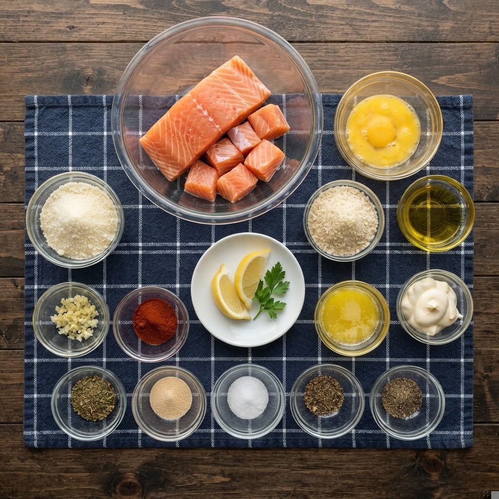 Ingredients for a salmon dish displayed on a blue checkered cloth, including salmon fillets, eggs, cheese, oils, spices, garlic, lemon slices, and herbs.