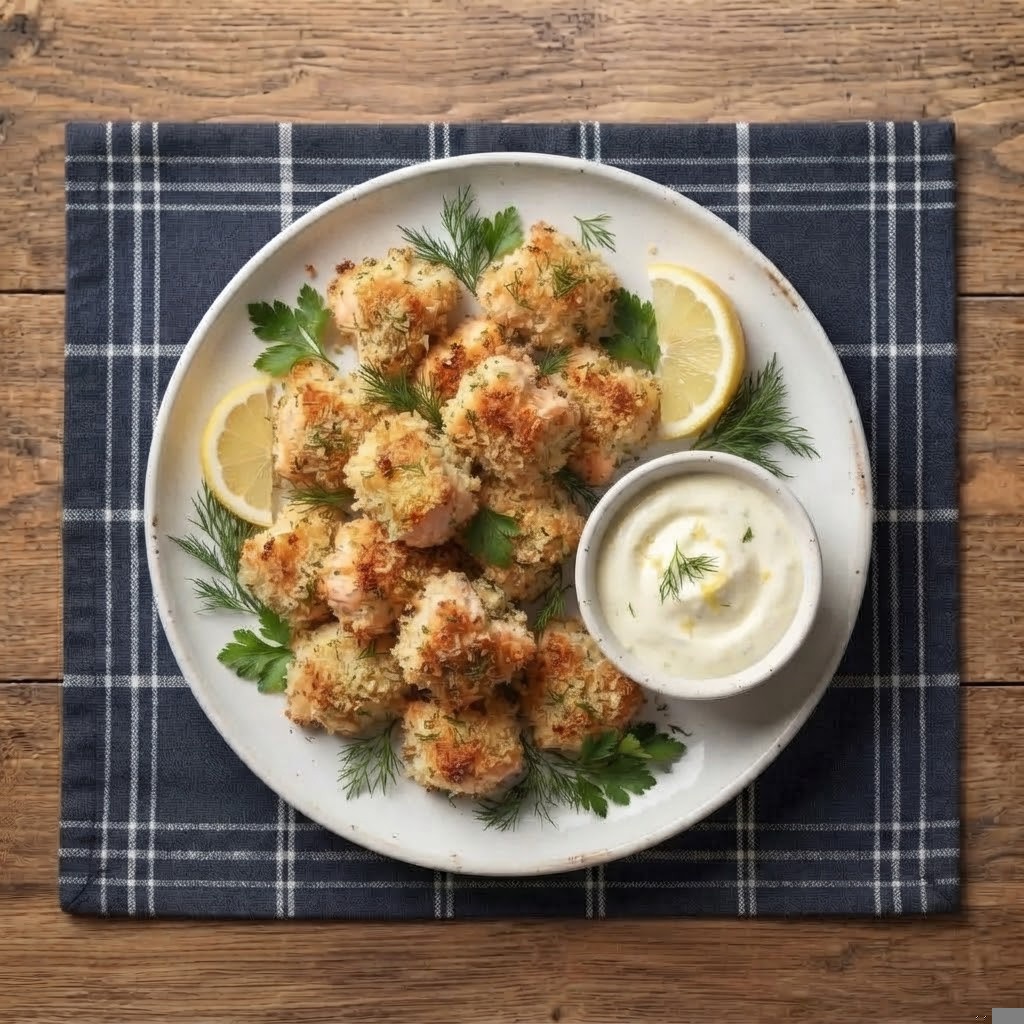 A plate of golden-brown breaded shrimp cakes garnished with fresh dill and parsley, served with a lemon slice and a small bowl of dipping sauce.