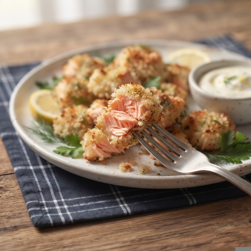 A plate of crispy salmon bites with a fork, served with lemon slices and a small bowl of dipping sauce, garnished with fresh herbs.