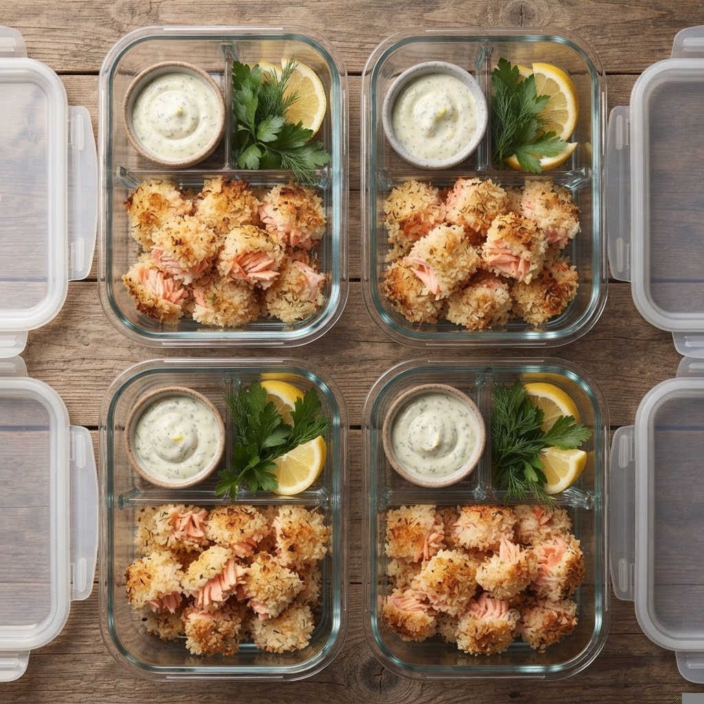Four meal prep containers filled with baked salmon balls, served with creamy dipping sauce, garnished with lemon wedges and fresh herbs.