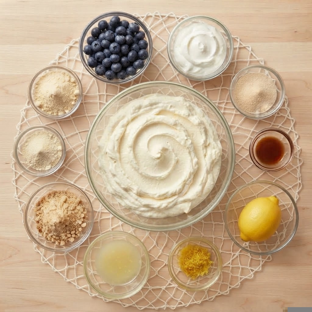A variety of ingredients arranged on a wooden surface, including a glass bowl of creamy whipped mixture, fresh blueberries, and small bowls of sugar, lemon, lemon juice, lemon zest, and vanilla extract.