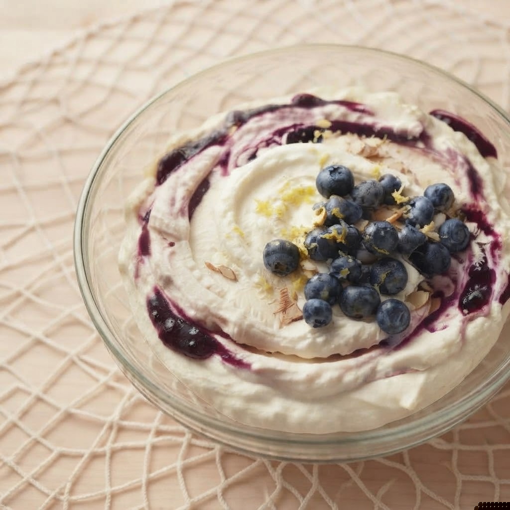 A bowl of creamy yogurt topped with blueberry compote, fresh blueberries, and lemon zest, garnished with slivers of nuts.