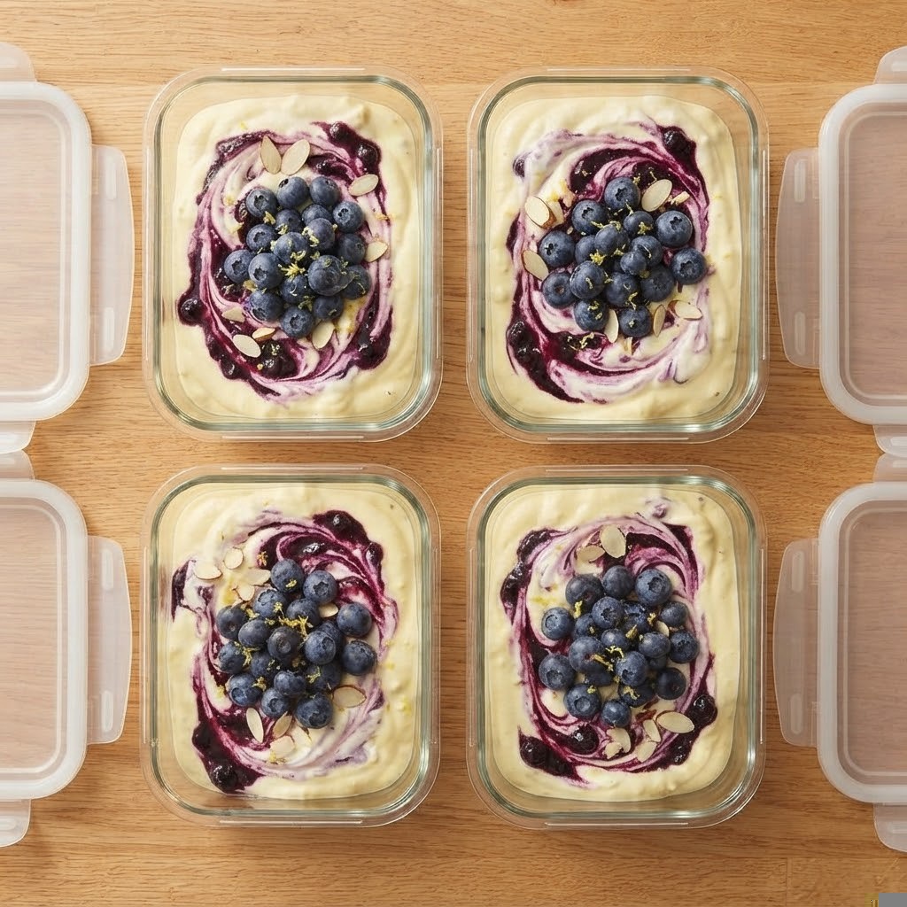 Four glass containers filled with creamy dessert, topped with swirls of blueberry sauce, fresh blueberries, and almond slivers, on a wooden surface.