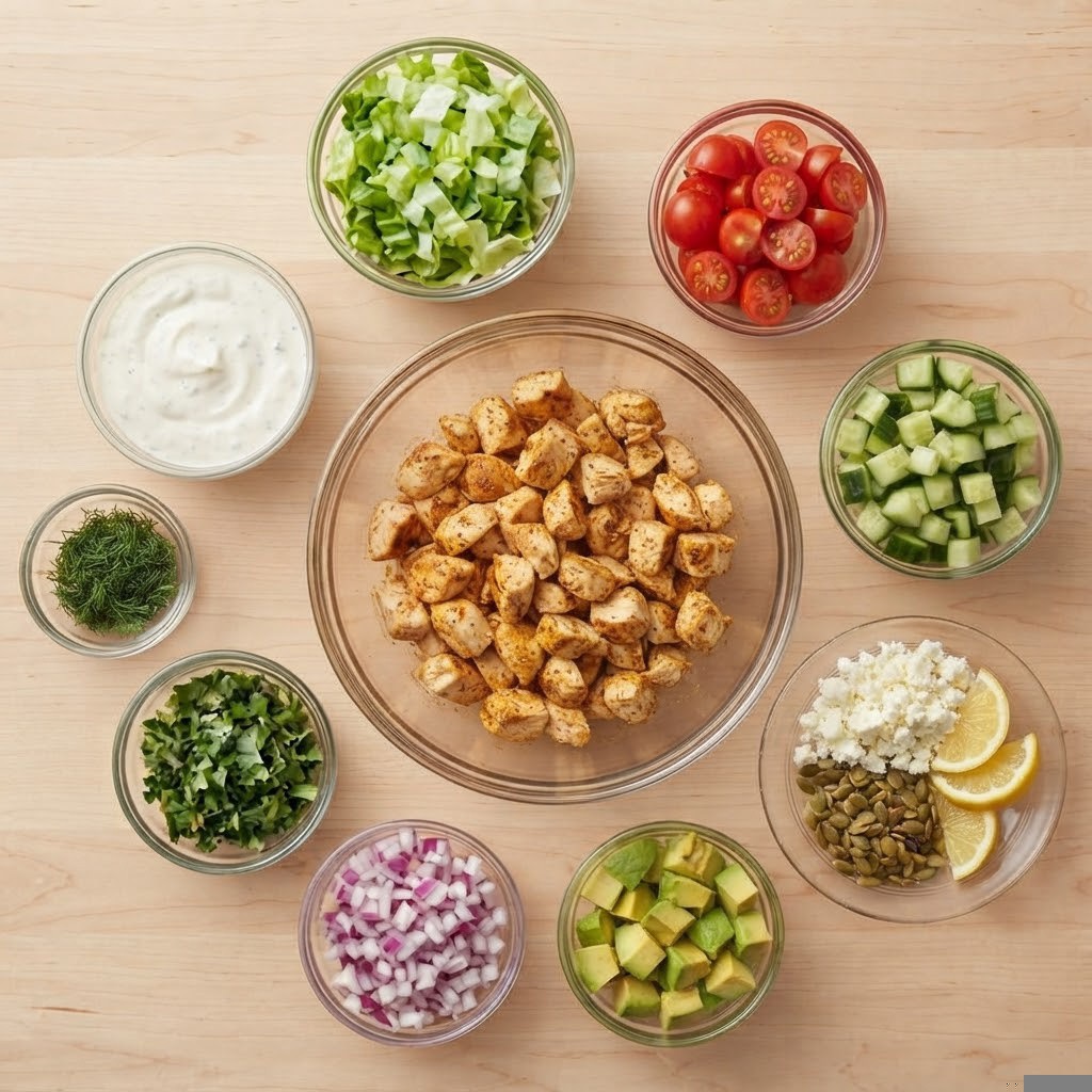 A variety of fresh ingredients arranged on a wooden surface, including seasoned roasted chicken cubes, lettuce, cherry tomatoes, cucumber, red onion, avocado, herbs, and a creamy dressing.