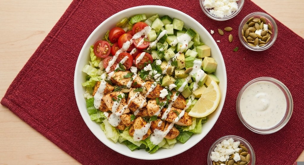 A vibrant salad featuring grilled chicken, cherry tomatoes, cucumber, avocado, and lettuce, drizzled with dressing and topped with herbs and lemon, served with side bowls of ranch dressing, feta cheese, and pumpkin seeds.