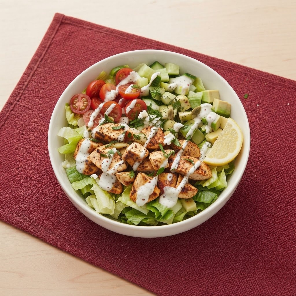 A colorful salad in a white bowl featuring mixed greens, diced grilled chicken, cherry tomatoes, cucumber, avocado, and drizzled with ranch dressing and a lemon wedge.
