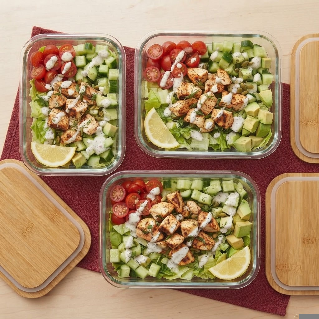 Three glass meal prep containers filled with salads featuring grilled chicken, cherry tomatoes, cucumbers, avocado, and lettuce, garnished with lemon slices and a creamy dressing, placed on a red cloth with bamboo lids beside them.